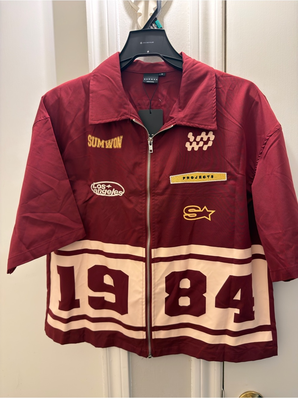 Maroon Patchwork Zip-Front Windbreaker Jacket - 1984 Graphic